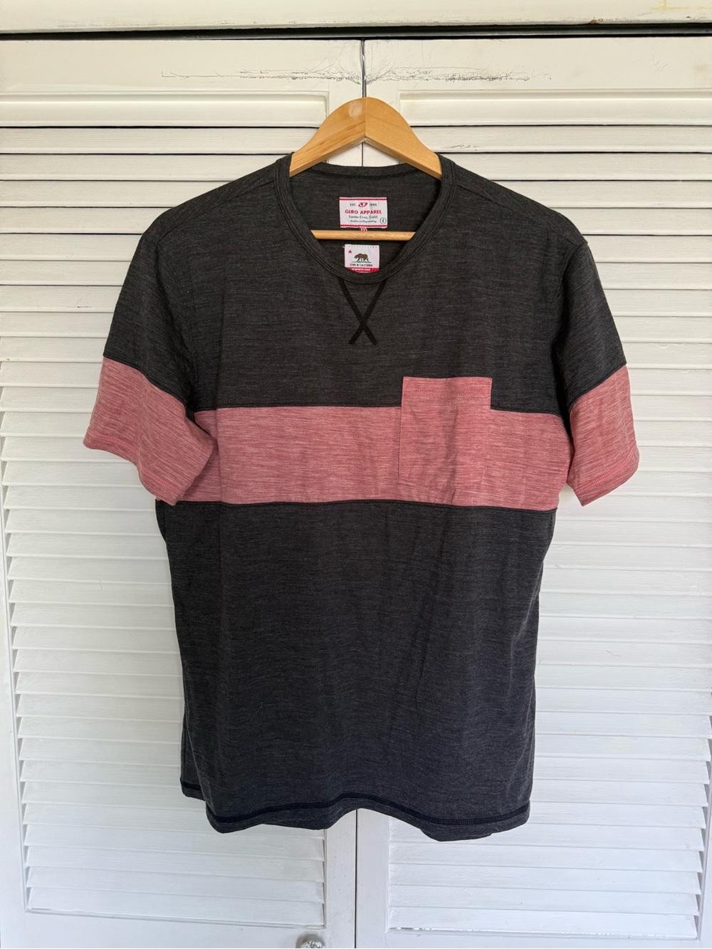 Giro  Merino Wool Short Sleeve Crewneck - Charcoal & Dusty Rose Block Stripe